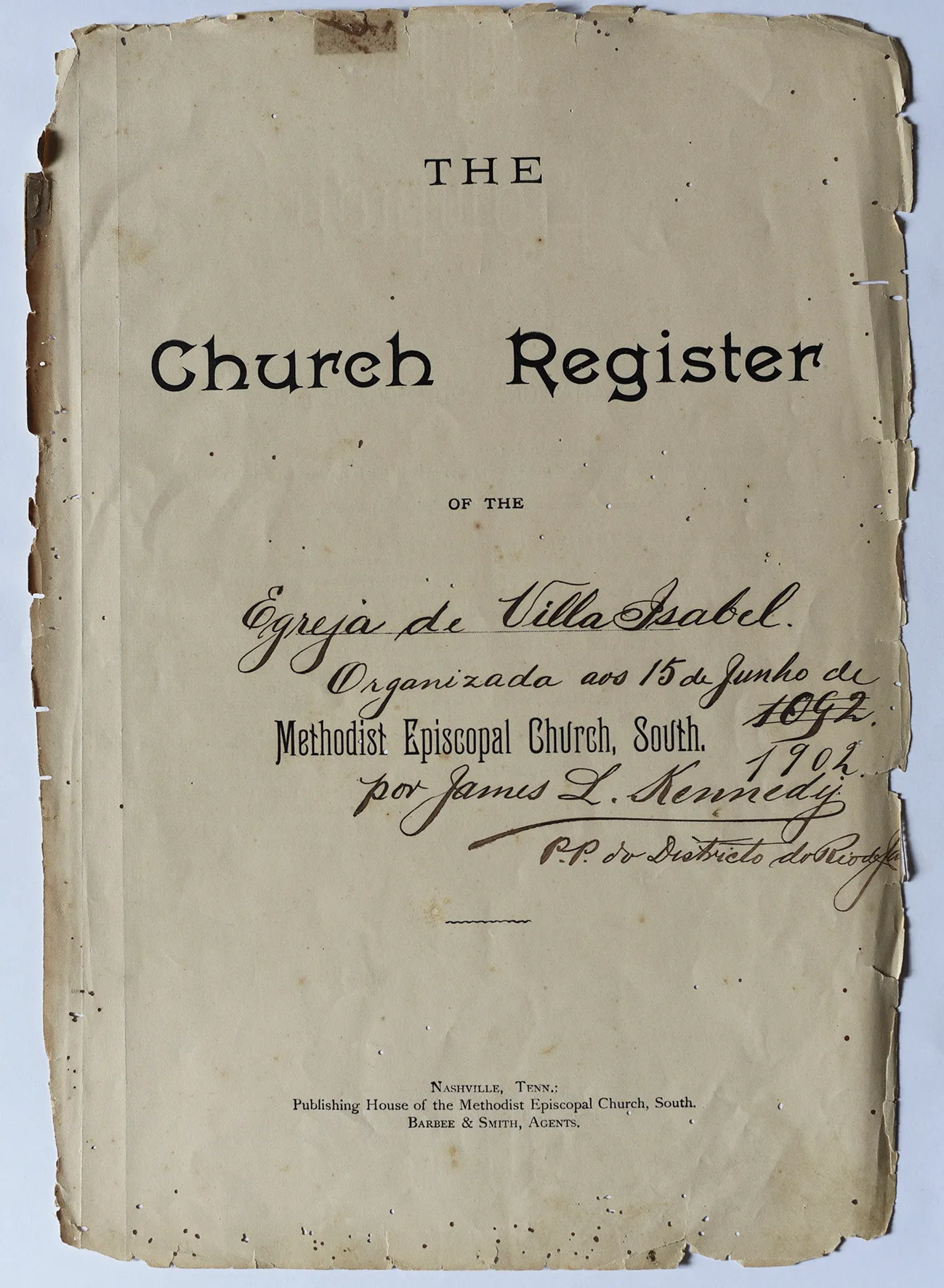 Primeira página do livro de registros de 1902 da Igreja de Vila Isabel