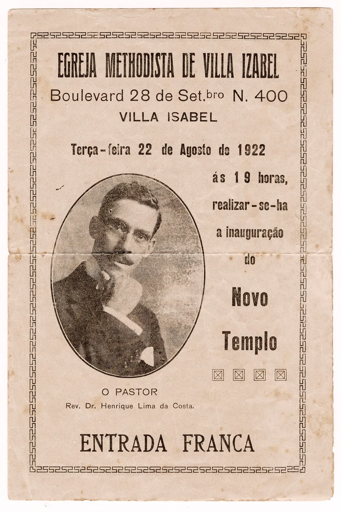 Convite para o culto de inauguração do templo, em 22 de agosto de 1922