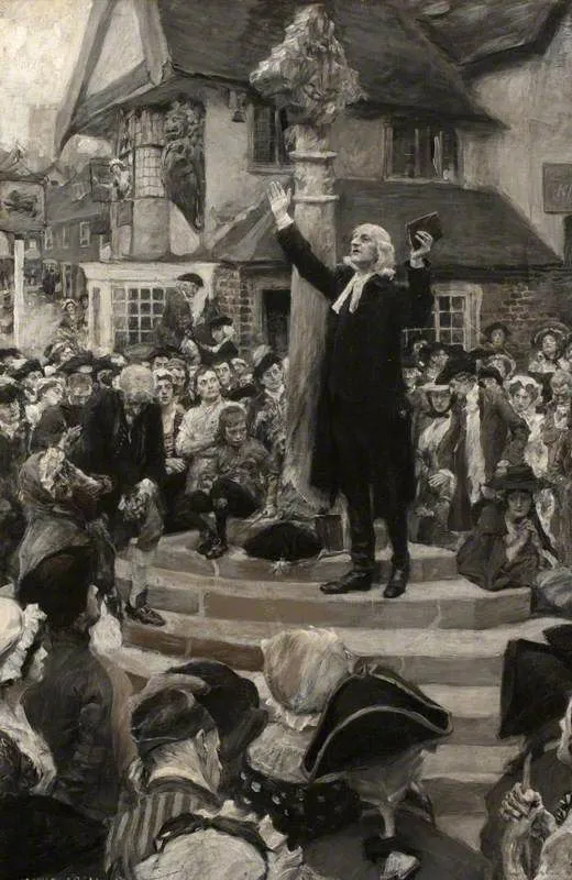 Ilustração histórica de John Wesley pregando ao ar livre