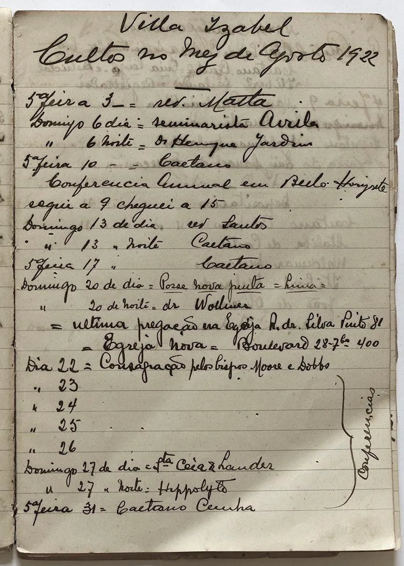 Página do diário do Rev. Henrique Lima da Costa, referente ao mês de agosto de 1922. Ele registra o último culto na Rua Silva Pinto, 81, no domingo 20 e a consagração do novo templo na noite do dia 22, uma terça-feira. Este diário faz parte do acervo do Espaço Memória